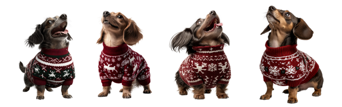 Set of Festive Dachshund in Christmas Sweater 3D Render with Snowflakes and Reindeer Patterns, Excited Look Detailed Textures for Extraction on White Background