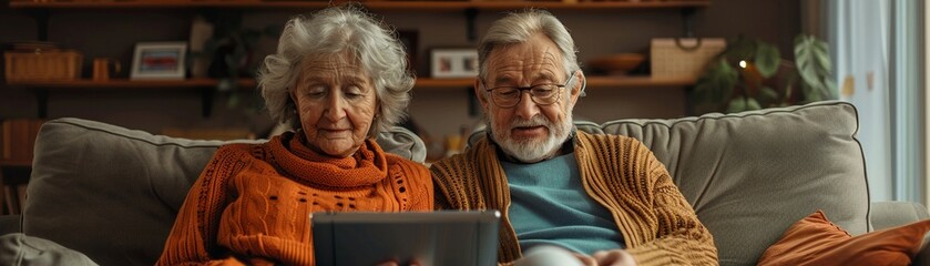 Elderly couple enjoying quality time together, using a tablet in a cozy living room, showcasing love and connection.