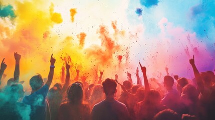 A vibrant celebration with colorful powders and joyful participants raising their hands.