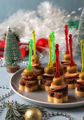 Festive canapes with mussels, cheese and olives