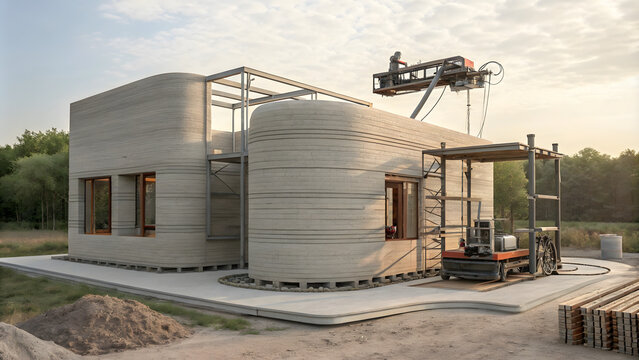 modern 3D printed house under construction, showcasing innovative architecture and technology. structure features curved walls and large windows, surrounded by natural landscape