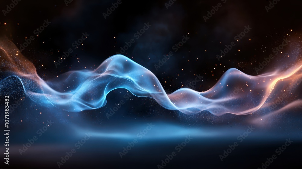 Poster the abstract image shows softly swirling, translucent waves of light in a cosmic setting, depicting 