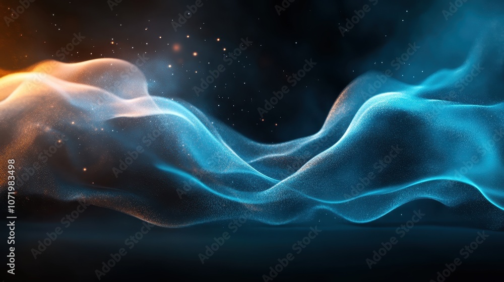 Poster this image features an abstract design with flowing, ethereal waves in dynamic blue and orange shade