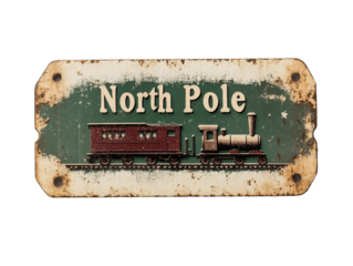 Vintage North Pole train ticket. Rustic Christmas graphics vintage paper ticket. Holiday festive season art project graphic.