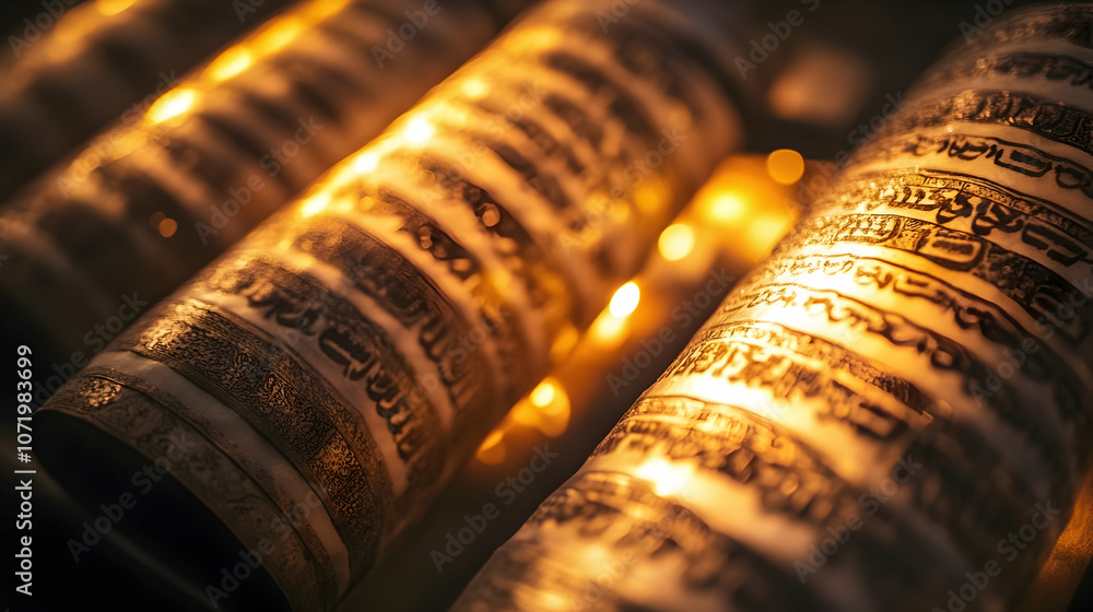 Poster close-up of illuminated torah scrolls with a soft glow in a quiet setting -