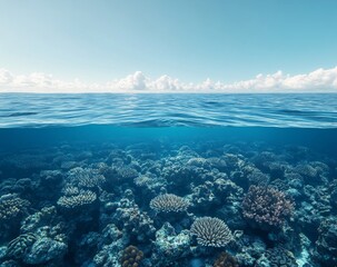 Obraz premium A beautiful blue ocean with a lot of coral and fish
