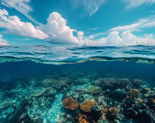 Obraz premium A beautiful blue ocean with a lot of coral and fish