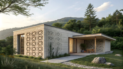 Fototapeta premium Modern concrete house with decorative wall, surrounded by greenery and mountains. design features large windows, porch, and serene landscape, creating peaceful atmosphere