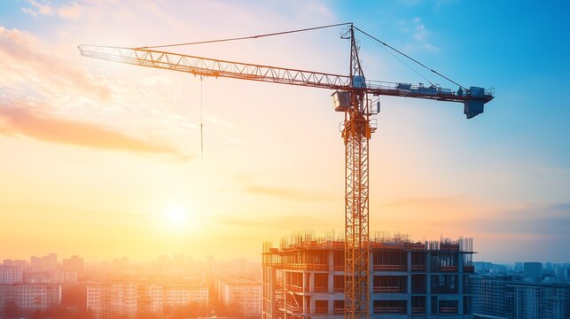 A Towering Crane Silhouetted Against the Sunset at a Construction Site