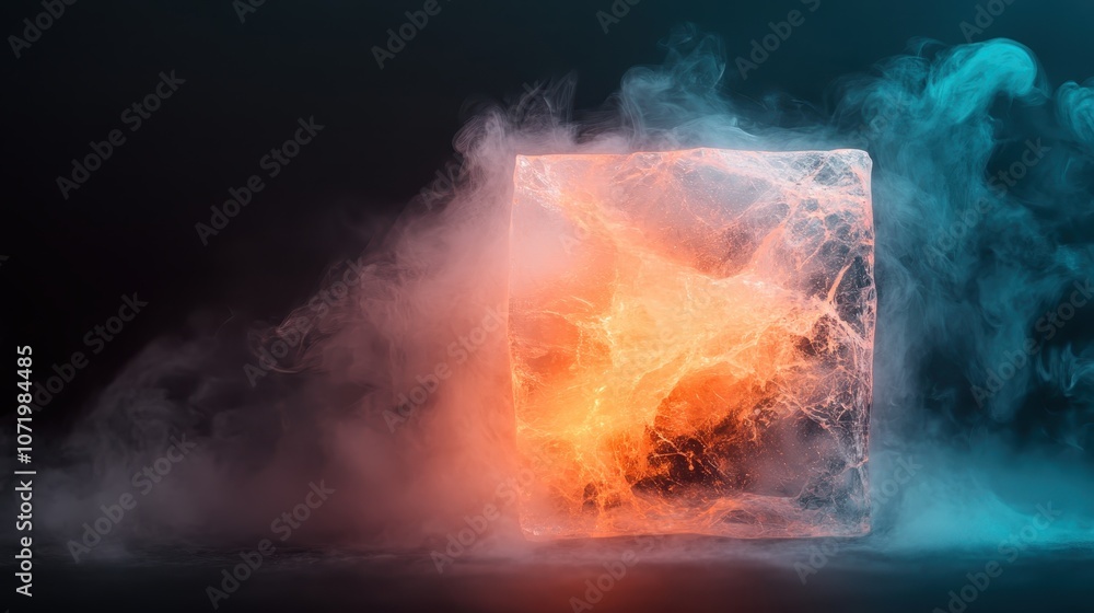 Poster a mesmerizing cube emits bright, fiery hues surrounded by swirling mist, blending the raw elements o