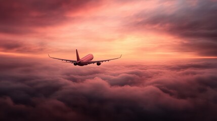 Fototapeta premium An airplane confidently soars through a richly colored pink-cast sunset sky, cutting through fluffy clouds, highlighting themes of exploration and boundless freedom.
