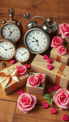 Nostalgic Romantic Display with Vintage Pocket Watches, Red Ribbons, Roses, and Hearts on Wooden Backdrop, Evoking Old-World Charm and Affection