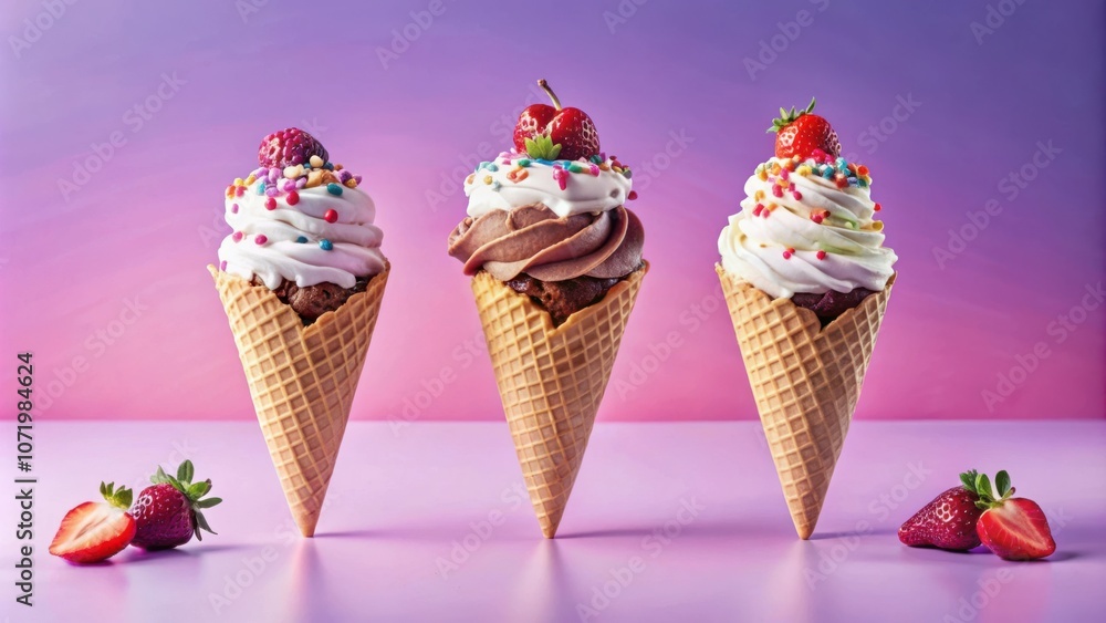 Poster three ice cream cones with different toppings and flavors stand upright on a lavender surface. the c
