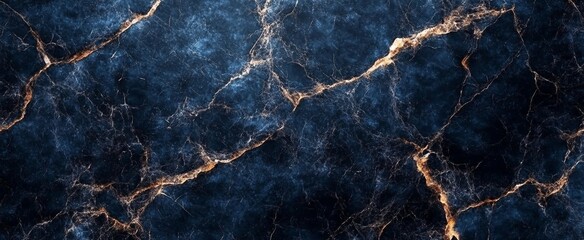 A blue and gold marble wall with cracks and holes