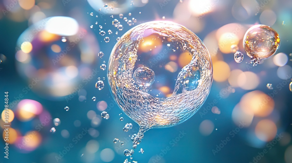 Poster a large, iridescent bubble with water droplets floating in front of a blue background with out of fo