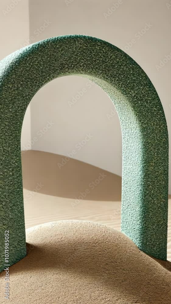 Poster a textured green archway stands in front of a small sand dune, creating a minimalist and modern scen