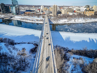 Aerial Drone View of Downtown Saskatoon City Center, Saskatchewan