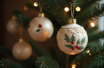 Elegant christmas ornaments on decorated tree with warm lights