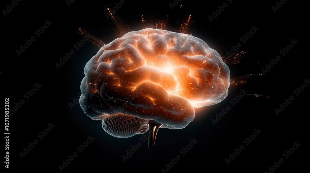 Poster an energetic representation of a brain with glowing neural sparks, showcasing the complexity of huma
