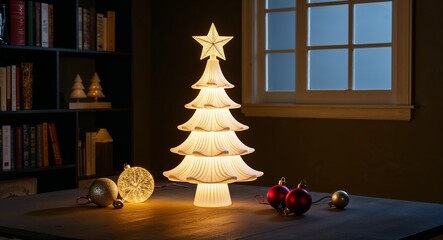 Christmas tree shaped lantern with star topper softly glowing in a dim room
