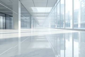 A long hallway with a white wall and blue floor