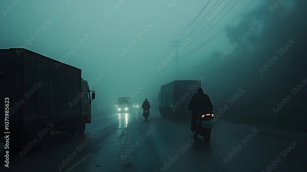 Poster delivery drivers navigating through heavy fog, focusing on the challenge of transportation in low-vi