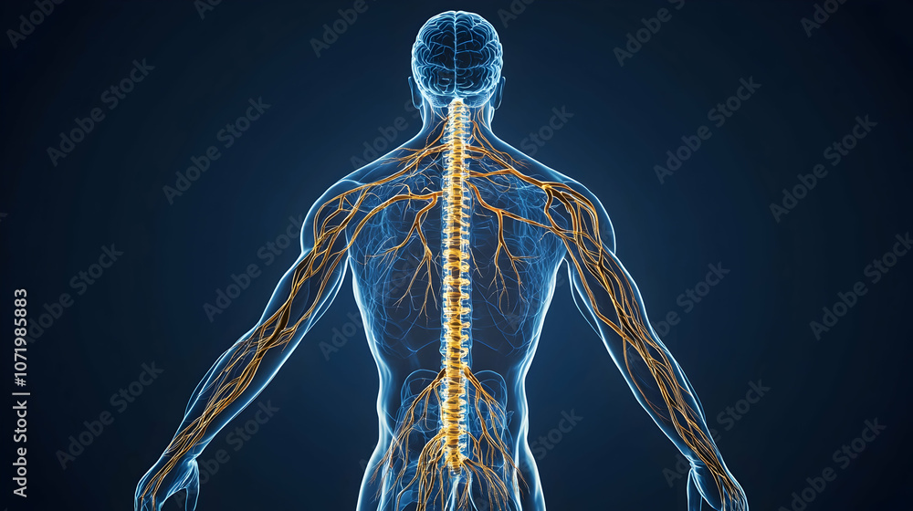 Poster an elaborate representation of the central nervous system alongside the peripheral nervous system.