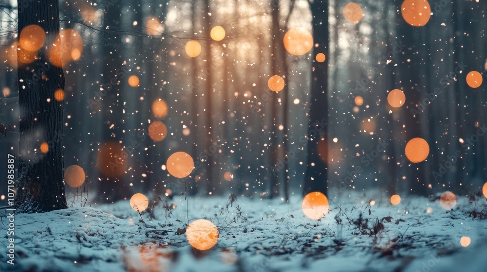 Poster winter forest with falling snow and colorful bokeh lights. christmas background - generated ai