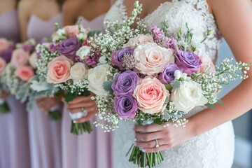 Three bridesmaids are holding bouquets of flowers