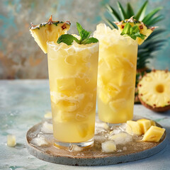 Two tall glasses of pineapple juice with ice and a slice of pineapple on the rim. The glasses are on a wooden coaster with ice cubes scattered around them