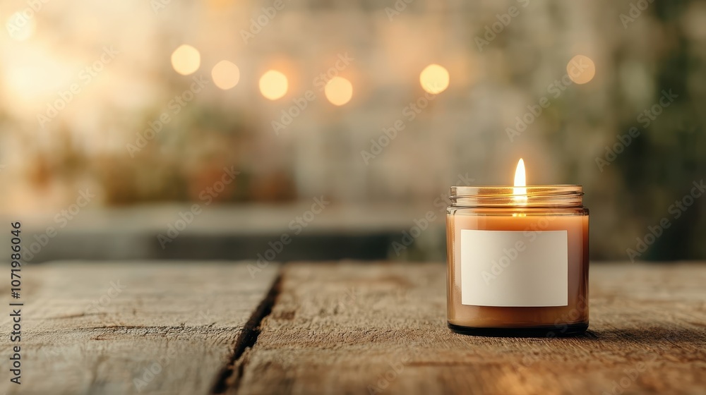Poster a warm, inviting candle with a blank label sits on a rustic table, flickering gently while soft, blu