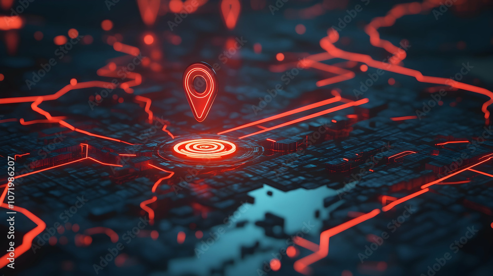 Poster digital map with virtual boundaries, a location pin, and a mobile device showcasing a geofencing app