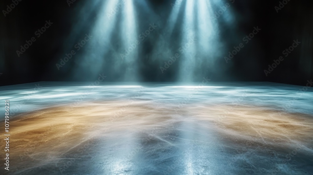 Poster a dimly lit stage with a reflective surface enveloped in mist under strong spotlight beams, creating