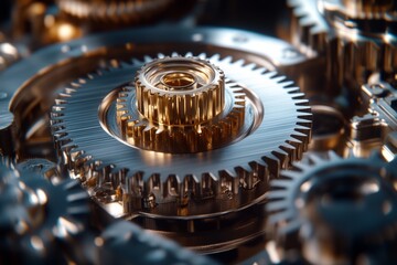 A close up of a machine with many gears and a large gear in the center