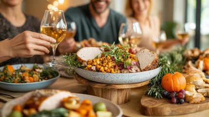 Fototapeta premium A festive table set with delicious foods and drinks as friends enjoy a meal together. The image captures the warmth of companionship and holiday celebration.