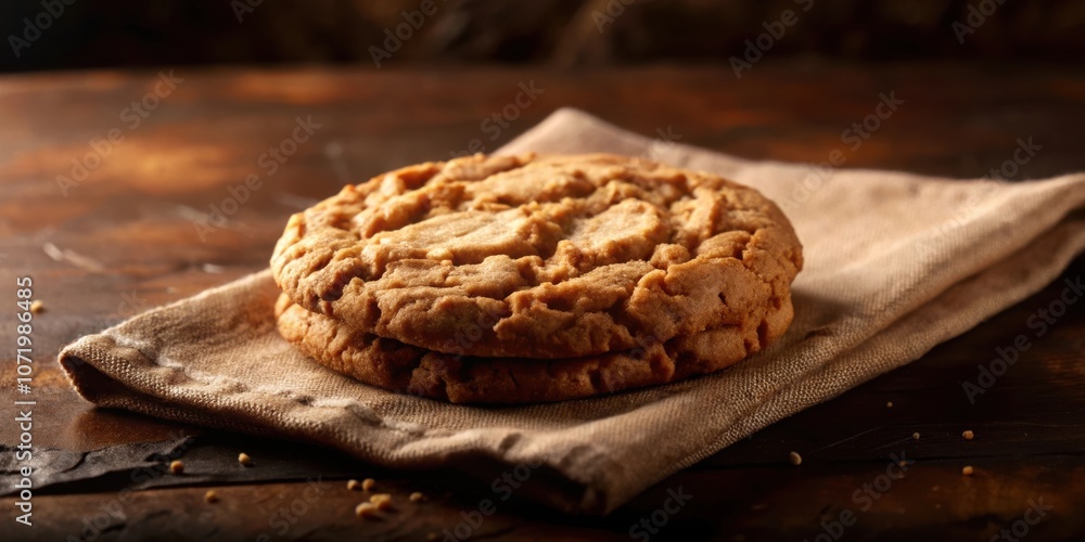 Poster Two peanut butter cookies stacked on a rustic wooden surface, illuminated by warm lighting, creating a delicious and inviting image.