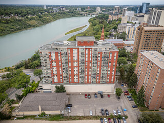 Aerial Drone View of Downtown Saskatoon City Center, Saskatchewan