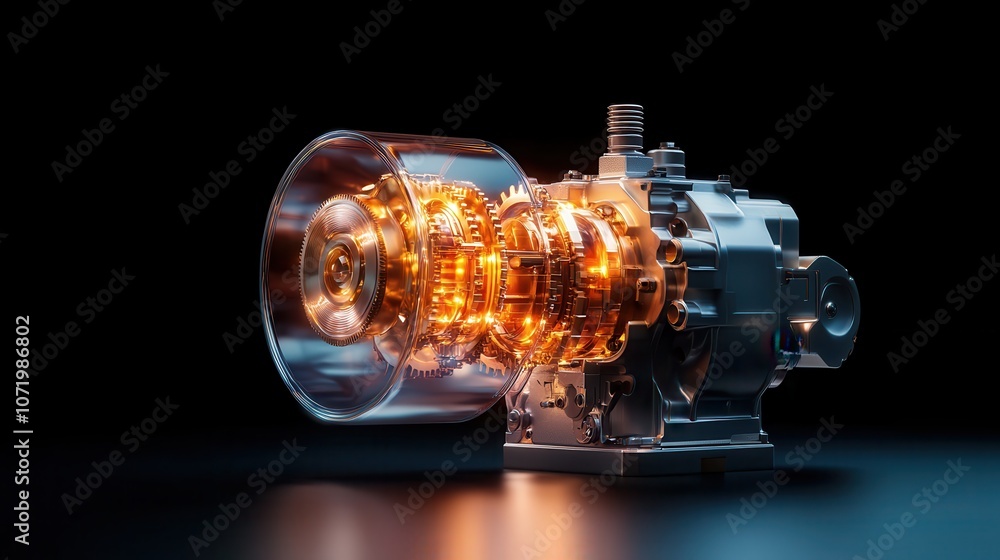 Poster this image showcases a futuristic engine with glowing internal components, highlighting advanced tec