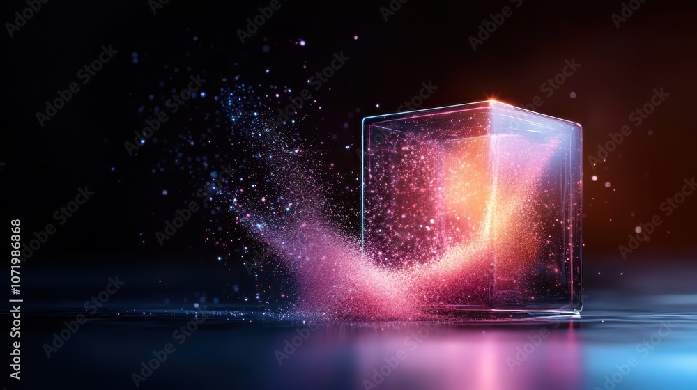 Poster a transparent, colorful cube dissolves into vibrant particles and light, creating a dynamic and visu