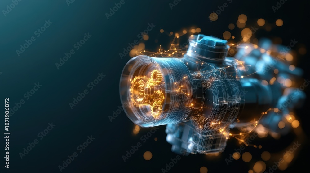 Poster a complex and futuristic abstract mechanism glows with digital network lines and shimmering lights, 