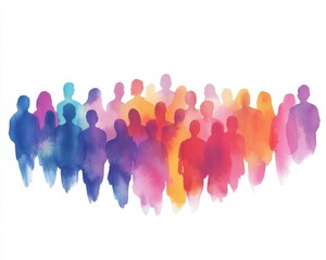 Obraz premium A vibrant watercolor illustration of a diverse crowd silhouette in colorful shades.