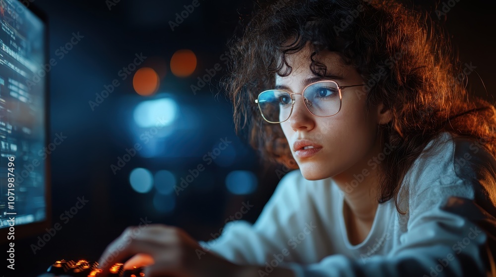 Poster a young woman with curly hair and glasses types intently on a keyboard in a darkened room, her scree