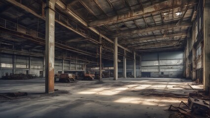 A vast, decaying warehouse, a relic of industrial might. Sunlight streams through broken windows, illuminating the dusty floor. The silence is broken only by the wind