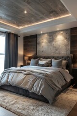 Modern Grey Bedroom with Rustic Ceiling and Walls