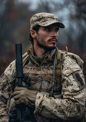 Soldier in uniform with gun and backpack