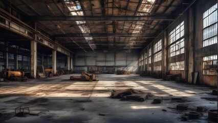 Obraz premium A vast, decaying warehouse, a relic of industrial might. Sunlight streams through broken windows, illuminating the dusty floor. The silence is broken only by the wind