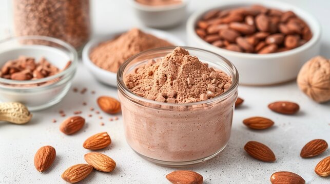 Vegan nut powder. A variety of nuts and powders are arranged artistically, featuring ground almonds and cocoa powder in clear containers on a light surface.
