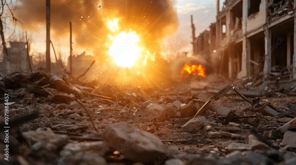 Poster a thrilling and dynamic image of a massive explosion occurring in a ruined building, debris flying e