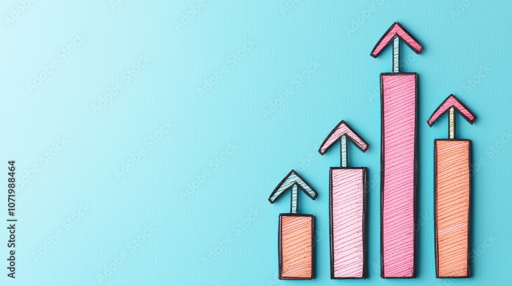 Poster a colorful graph with ascending bars and arrows, growth and progress