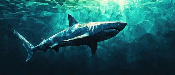 Fototapeta premium Explore the depths a polygonal shark swimming gracefully in dark blue ocean tones